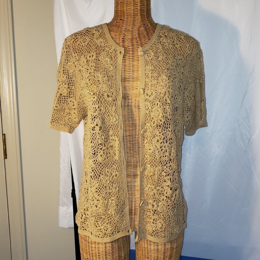 Ladies EAGLE'S EYE Floral Crocheted Cardigan in Tan - S
